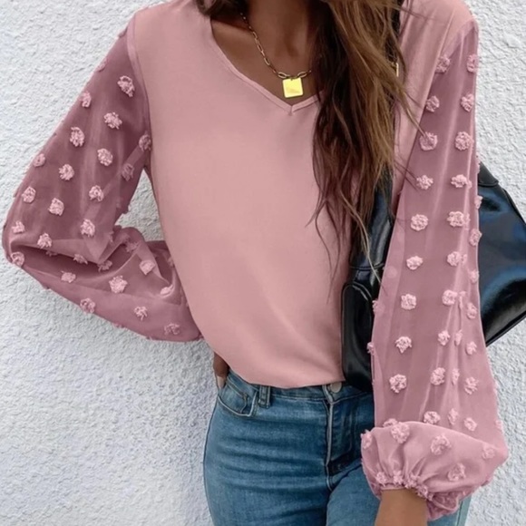 Boho Swiss Polka Dot Sheer Sleeve Top Minimalist - Picture 1 of 12